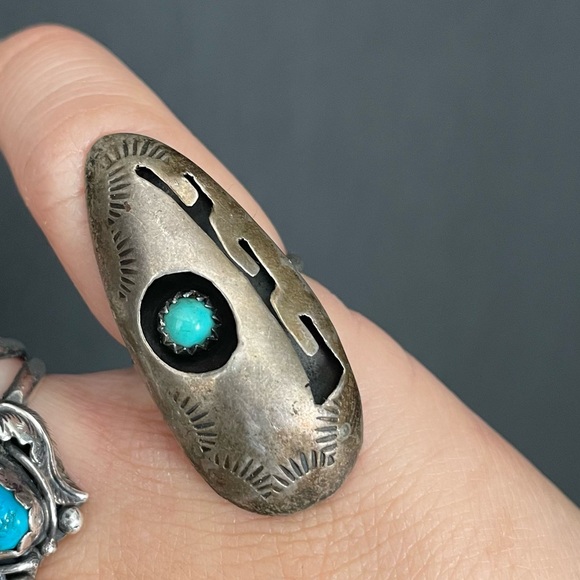 Vintage sterling silver Signed Turquoise Shadow Box Ring - Picture 4 of 12